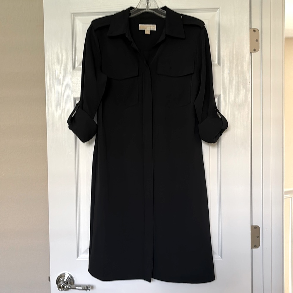 Michael Kors Elegant Black Shirt Dress, Long Sleeve With Roll Tabs